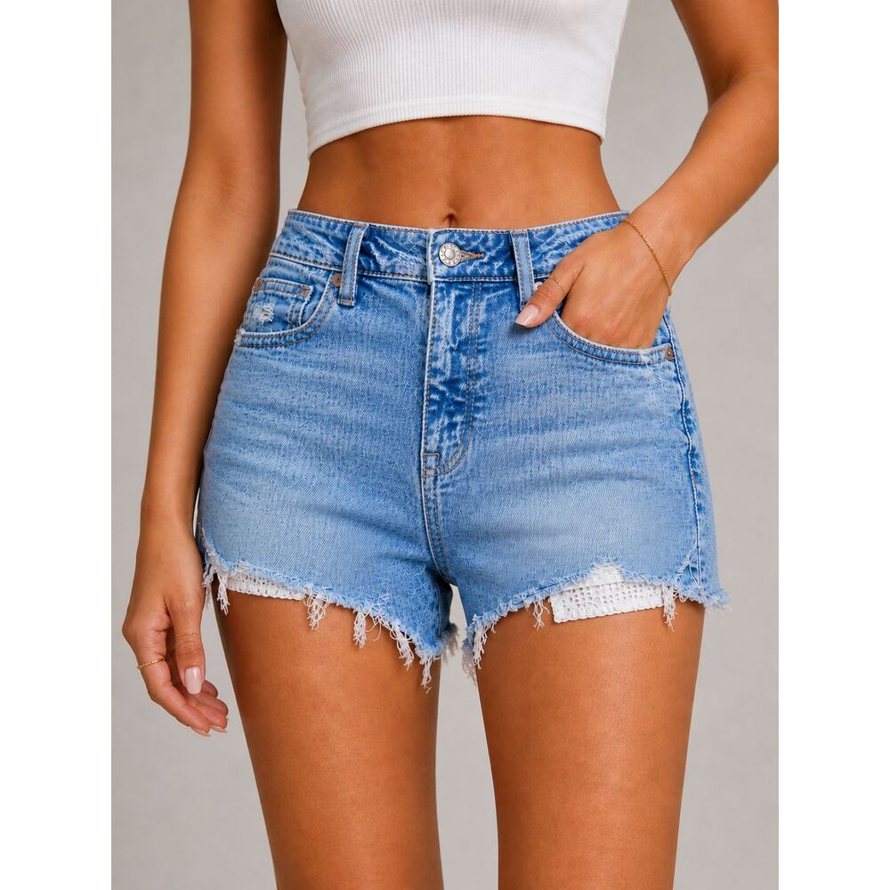 American Eagle Next Level Stretch Lace Pocket Distressed Denim Shorts Size 0